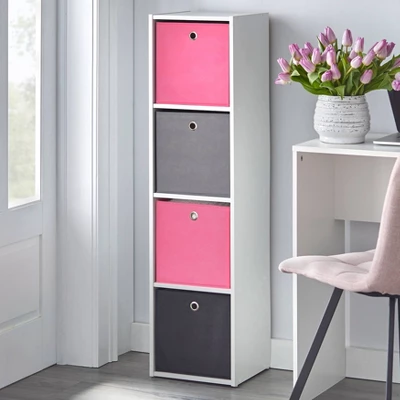 4.25" Utility Bookcase Tower With 4 Fabric Bins White/Pink - Buylateral