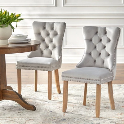 Set Of 2 Portico Tufted High Back Velvet Dining Chairs Gray - Buylateral